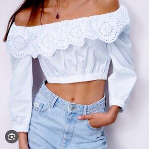 Zara Off-Shoulder White Eyelet Crop Top - Women Size Large
